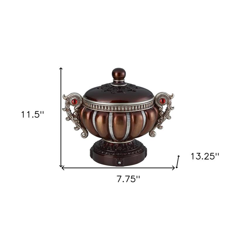 13" Bronze Red And Silver Resin Floral Scroll Jewelry Box With Metal Accents