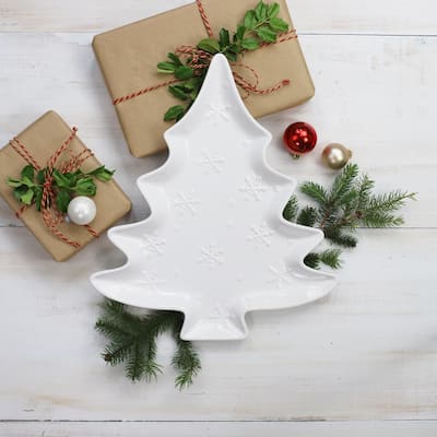 Euro Ceramica Winterfest Tree Platter - White