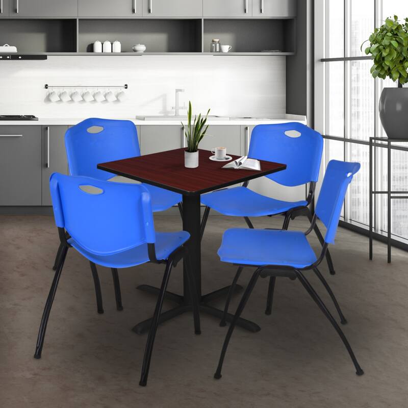 30 in. Square Breakroom Table- Mahogany & 4 'M' Stack Chairs- Blue