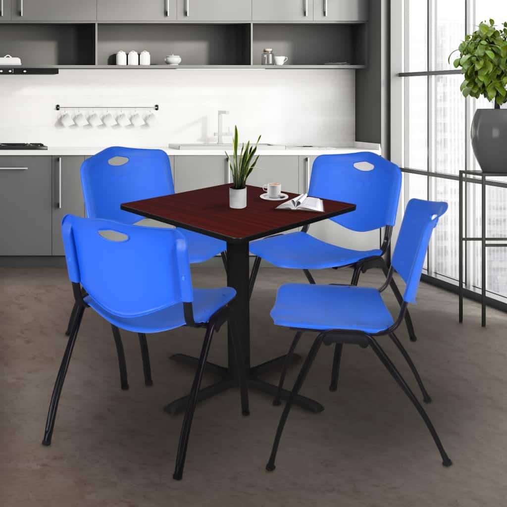 30 in. Square Breakroom Table- Mahogany & 4 'M' Stack Chairs- Blue