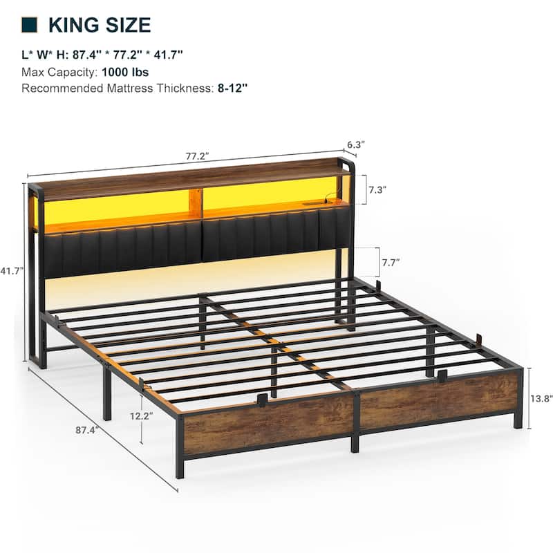 Platform Bed Frame with Upholstered Storage Headboard, Full/ Queen/ King Beds with Charge Station and LED Lights