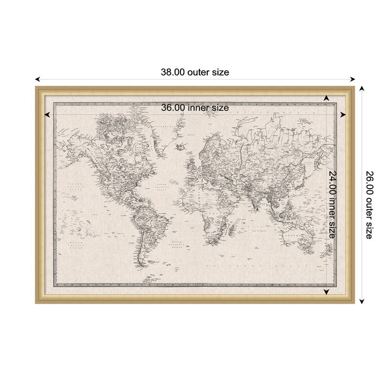 Kate and Laurel Framed Fabric Pinboard Vintage Black and White Linen World Map Wall Organization