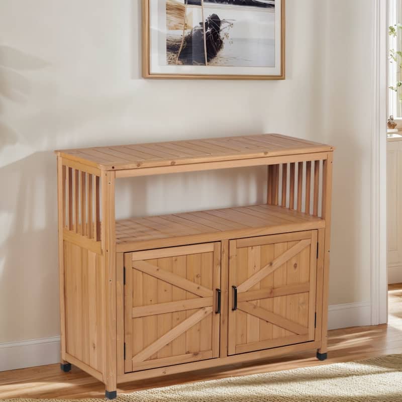Outdoor Patio Storage Cabinet with Slatted Cedar, Wooden Patio Bar Table, Buffet Cabinet Sideboard Console Table