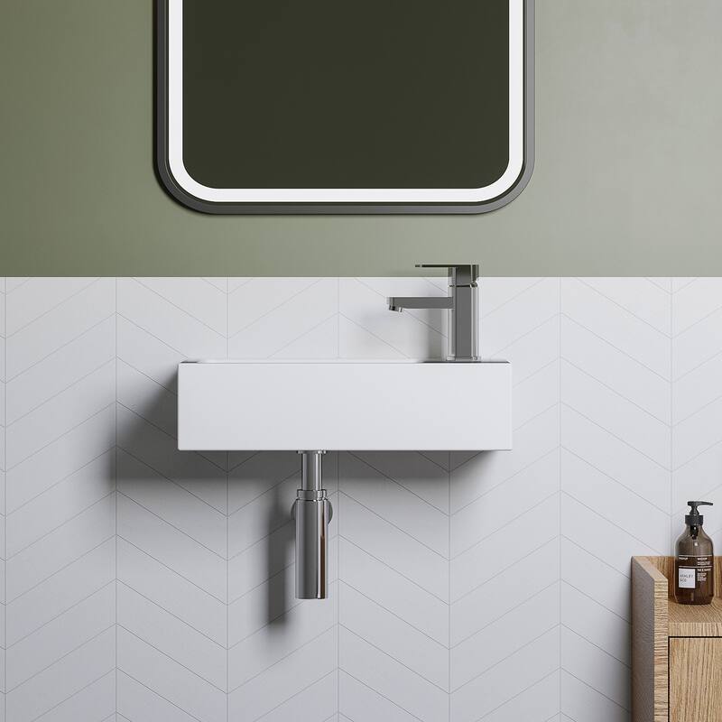 HOROW White Ceramic Right Hand Wall-Mounted Rectangular Vessel Sink in Porcelain - N/A