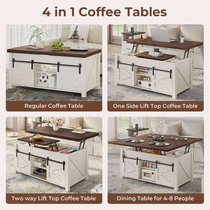 Lift Top Coffee Table Living Room 4 Sliding Barn Doors Adjustable Shelves