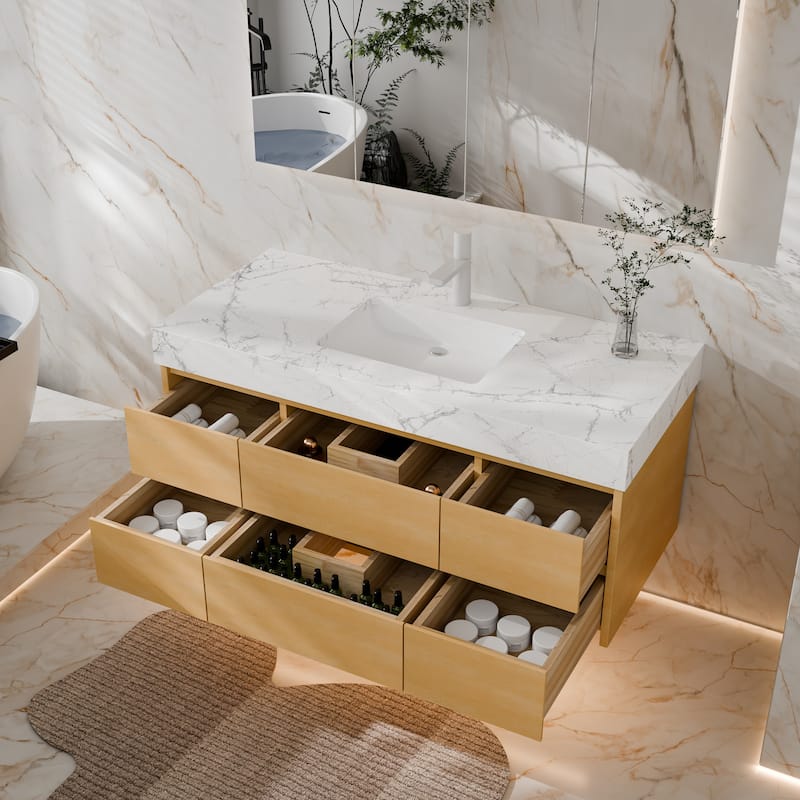 Modland 48" Wall-Mount Bathroom Vanity with 6 Soft-Close Drawers, LED Lighting & Marble Top - 48 inch