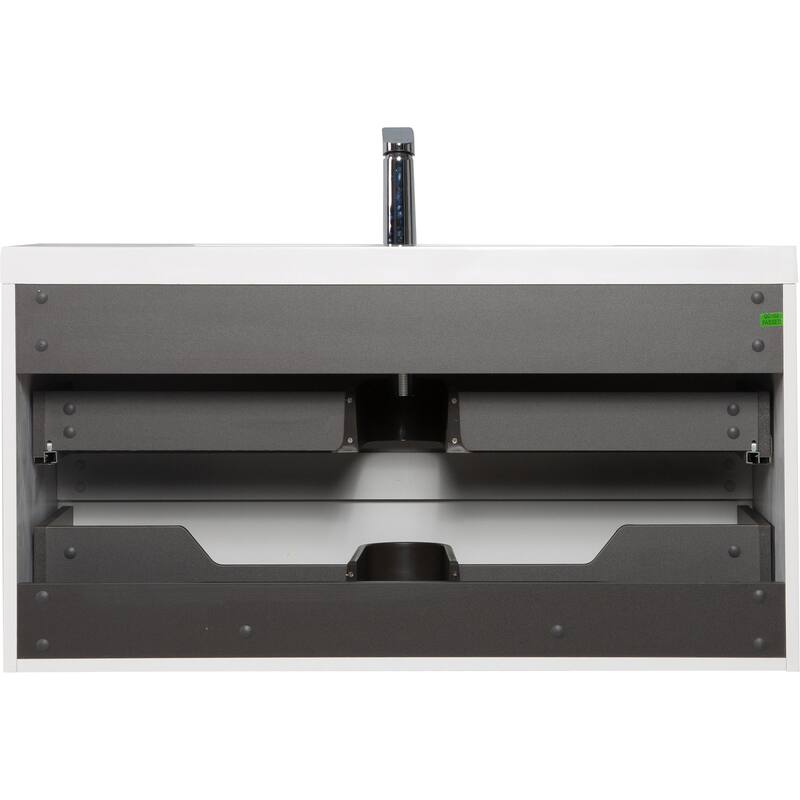 35.5-Inch Floating Bathroom Vanity with Glossy Resin Sink, Ash Grey Color, Wall-Mounted Design, 2 Drawers
