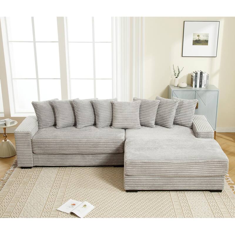 L Shaped Sectional Sleeper Sofa Corduroy Corner Sofa with Chaise Lounge and 8 Throw Pillows, Oversized Modular Daybed