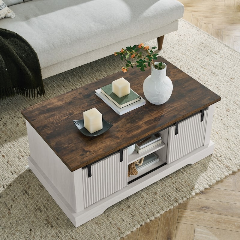 41.3 Inch Coffee Table with Storage and Sliding Wood Door