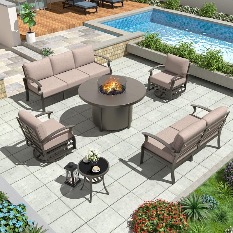 Patio Aluminum Sofa with Armrests, Outdoor Conversation Set with Round Fire Pit Table 5inch Thick Seat Cushions - 7Seats w/Swivel - Khaki