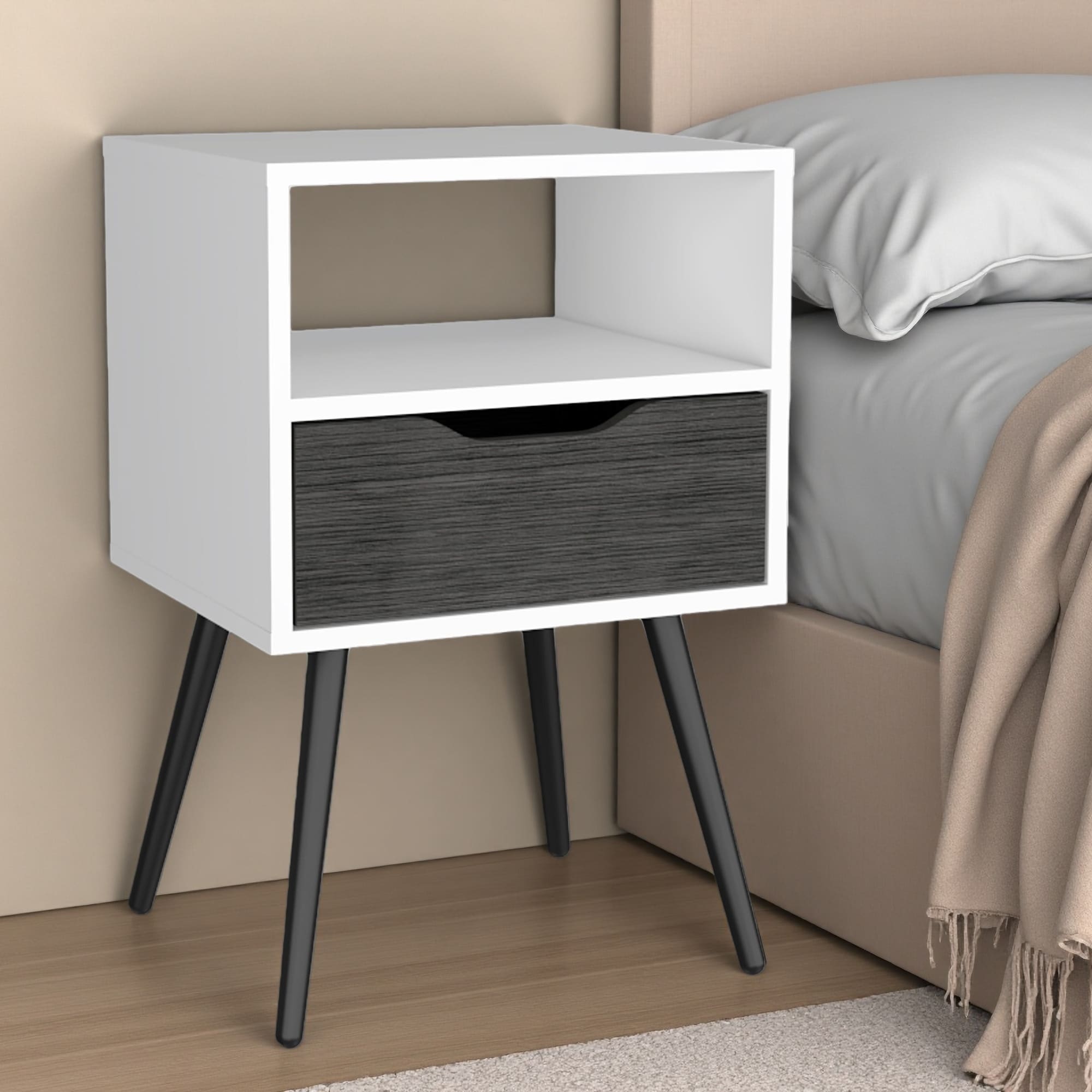 15.75"L Wood Nightstand with Superior Top, One Drawer, Open Shelf & Four Legs