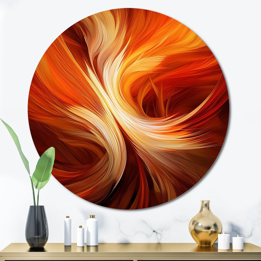 Designart "Orange Abstract Warm Fractal Design VI" Fractals Metal Circle Wall Art