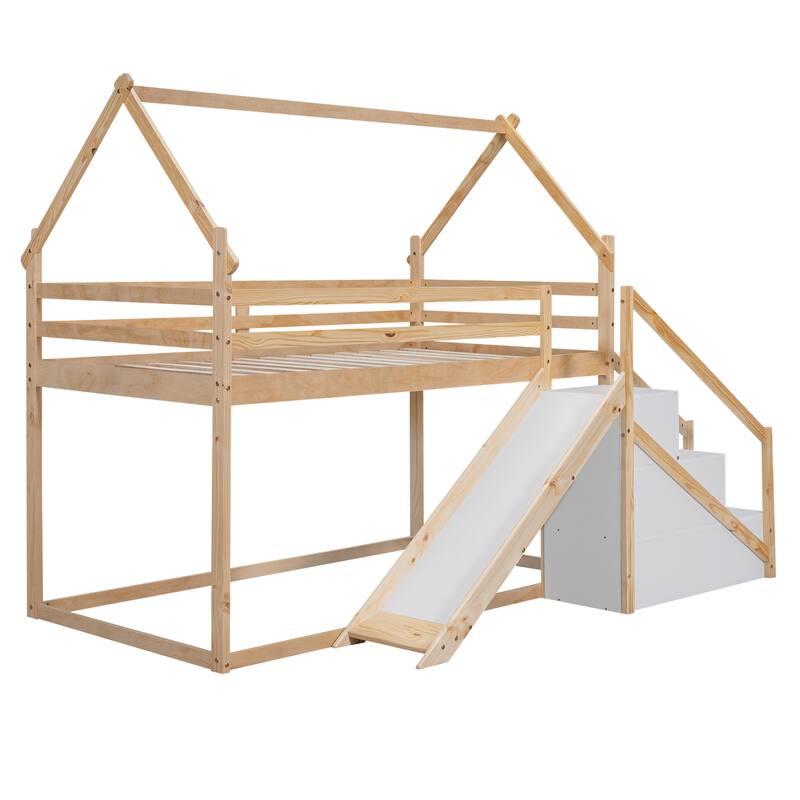 Twin over Twin House Loft or Bunk Bed with Slide, Staircase Storage, and Space-Saving Design, Made from Pine Wood and MDF