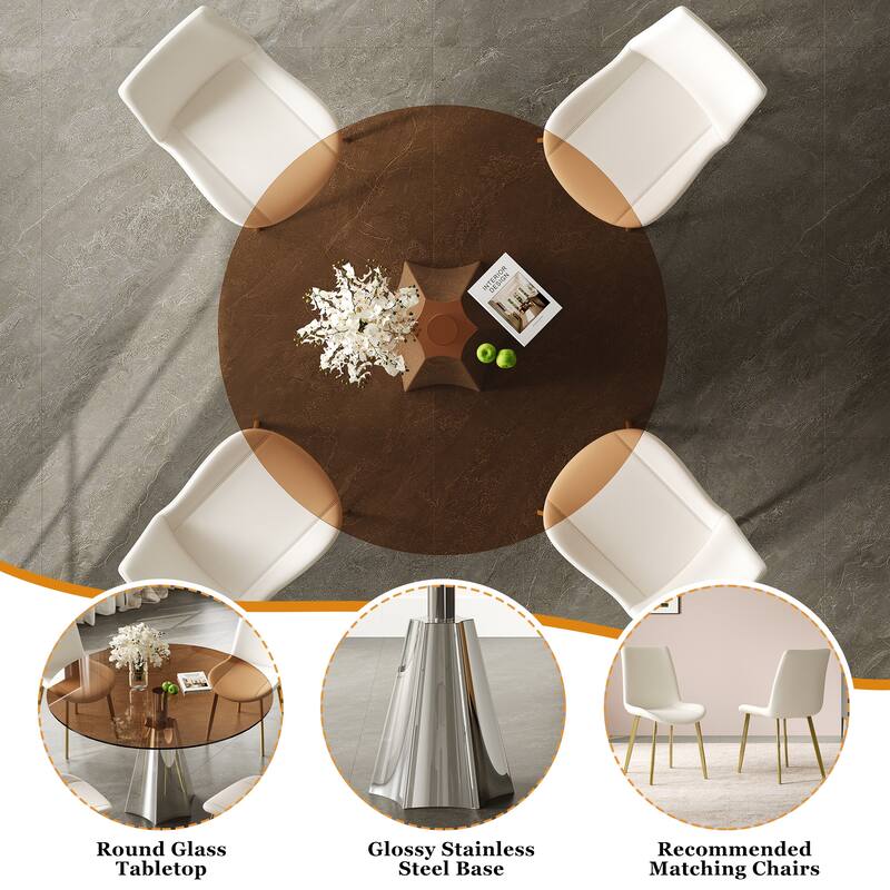 5-Piece Round Dining Table Set, 35 Inch Tempered Glass Top with Silver Base & 4 Ergonomic Chairs for Small Space