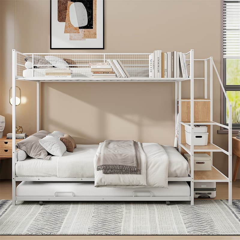 Twin Over Full Metal Bunk Bed with Trundle & Storage Ladder & Wardrobe - White