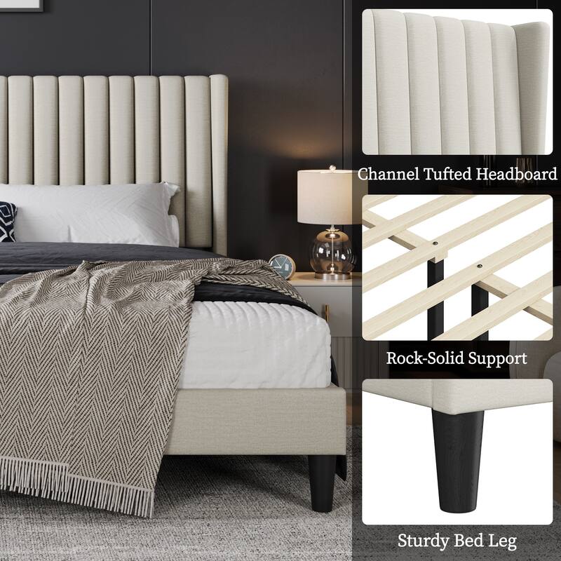 Yaheetech Upholstered Bed Frame with Wing Side Fabric Upholstered Bed with Headboard