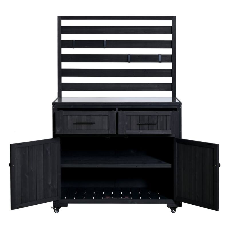 Solid Wood 64.9''Tall Outdoor Kitchen Island Kitchen Cart, Garden Potting Bench with Stainless Table Top for BBQ