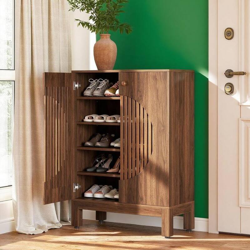 Brown Rustic 5-Tier Shoe Cabinet with Adjustable Shelves and Louvered Doors - 28.7 x 13.8 x 39.8 in