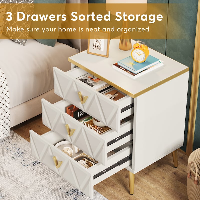 Pack of 2 Modern 3-Drawer Nightstand, White Gold Sofa End Table Bedside Table with Storage