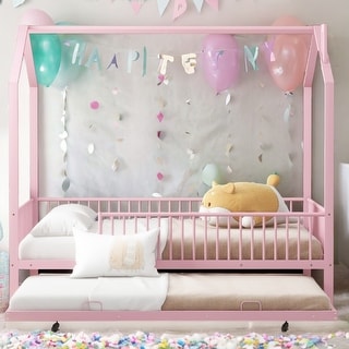 Full Size House Bed with Semi-enclosed Fence and Twin Size Trundle