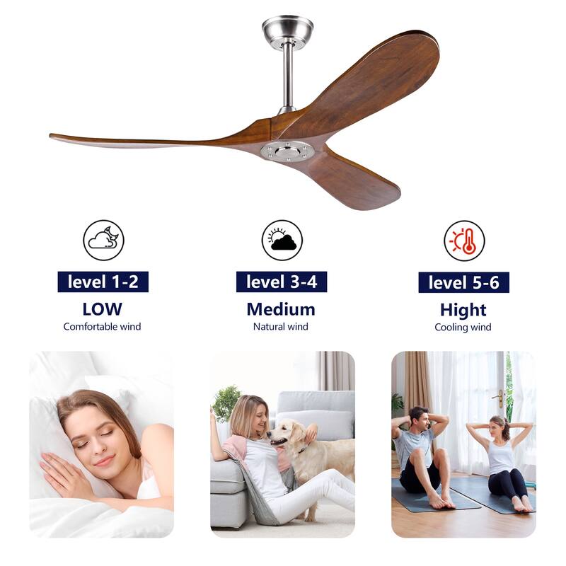 52" Solid Wood Ceiling Fan, Outdoor, 3 Blade, No Light, for Patio Living Room Bedroom Porch, Remote Control, Water Resistant