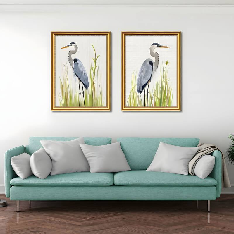 Set of 2 Heron Bird Framed Wall Art - Replaceable Canvas Prints with Solid Wood Picture Frames, Modern Nature Wall Decor