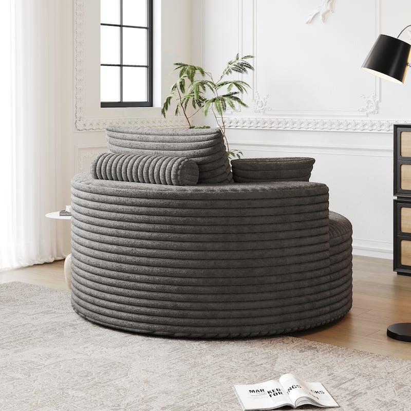 Corduroy Upholstered Single Sofa, Oversized Fluffy Sleeper Chair, Round Reading Chair with Headrest & 2 Pillow