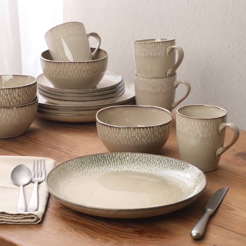 Gibson Elite Jasper 16 Piece Plates and Bowls Reactive Glaze Dishes Stoneware Ceramic Dinnerware Set - Service for 4