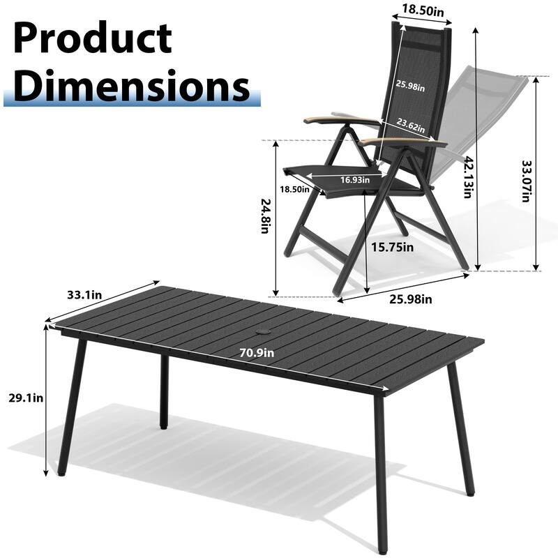 7-Piece Outdoor Patio Dining Set WPC Table Top Alumium Umbrella Hole Table with Folding Armrest Chairs