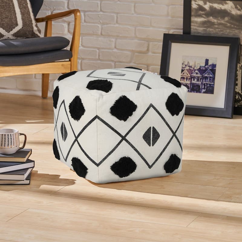 18" Black and White Diamond Directional Square Pouf Ottoman