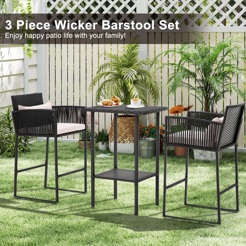 AVAWING 3PCS Patio Wicker Bar Set with Extra Cushion Cover
