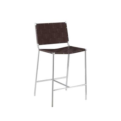 Metal Base Counter Height Stool with Plastic Seat and Back in Brown and Chrome