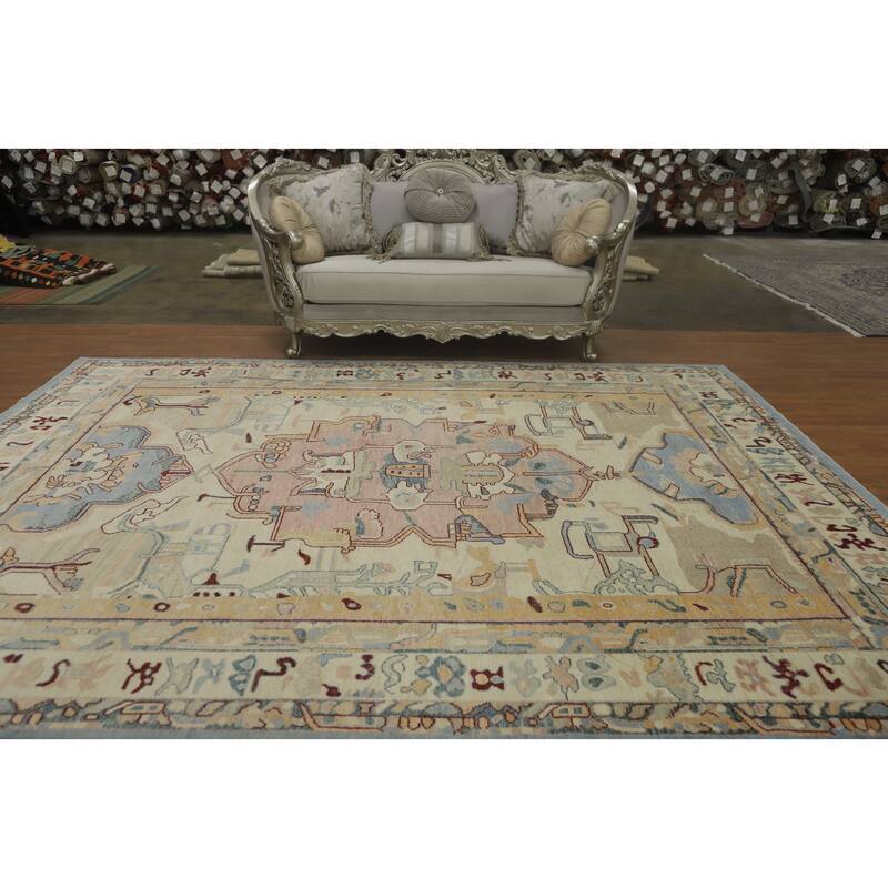 Vegetable Dye Wool Oushak Turkish Area Rug, Medallion Geometric Carpet - 11' 9'' X 9' 0''