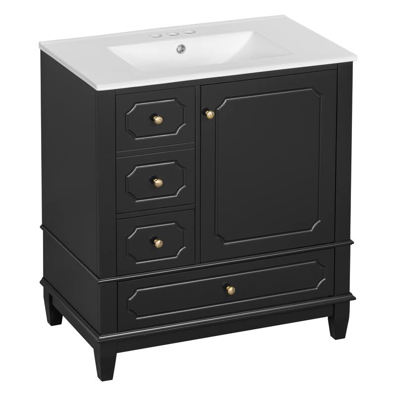 30" Bathroom Vanity with Ceramic Sink, Freestanding Bathroom Storage Cabinet with Door Shelves and 3 Drawers