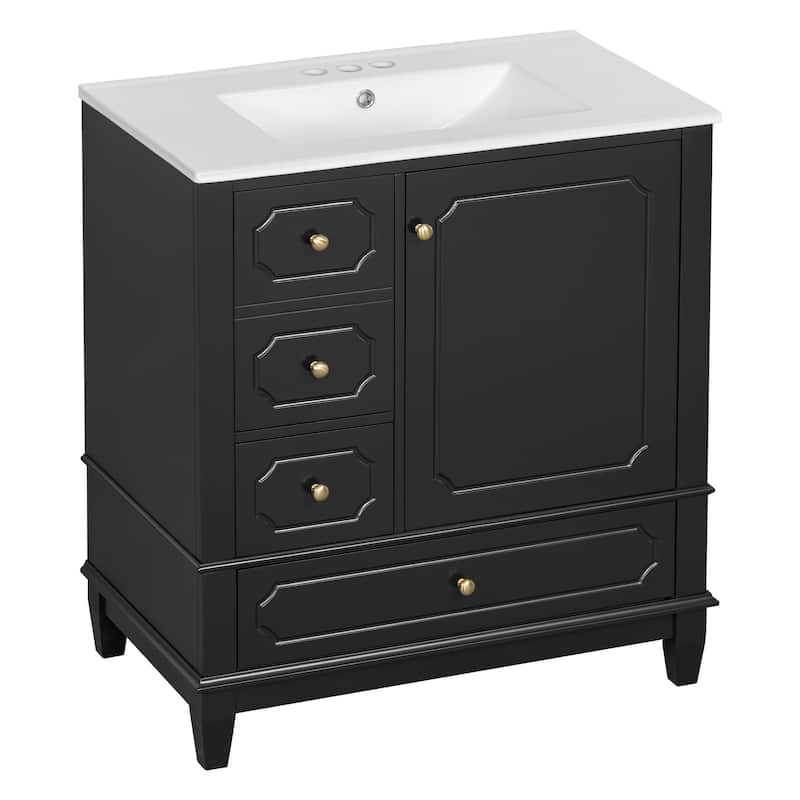 GDFStudio 30" Freestanding Bathroom Vanity with Ceramic Sink and Storage Drawers - 30" W x 18" D x 33.8" H