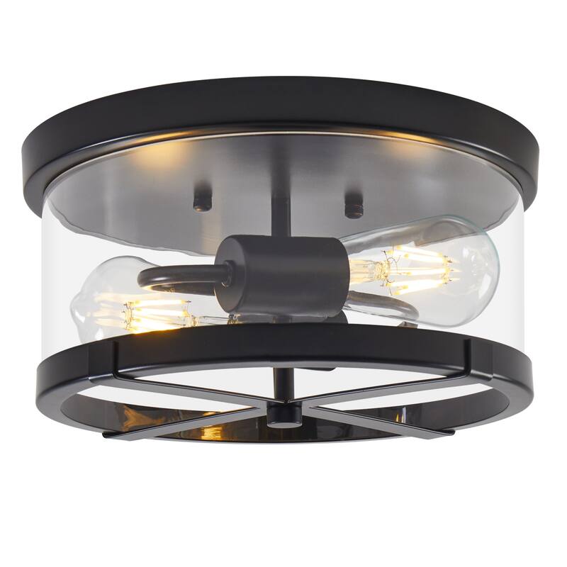 2-Light Flush Mount Clear Glass Ceiling Light with Metal Frame - Black
