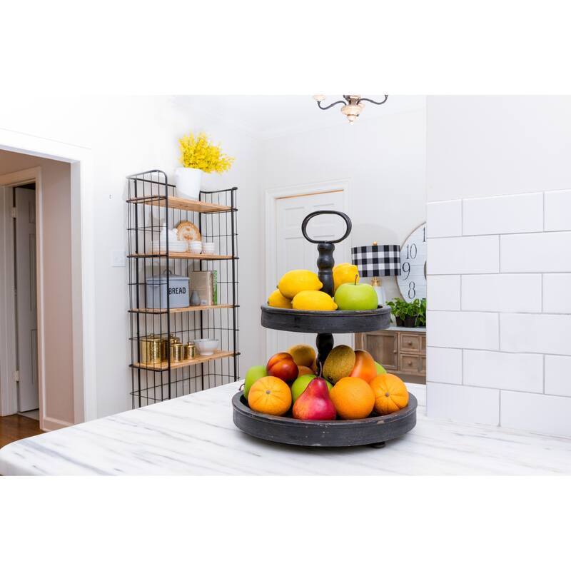Distressed Wood 2-Tier Tray with Metal Handle