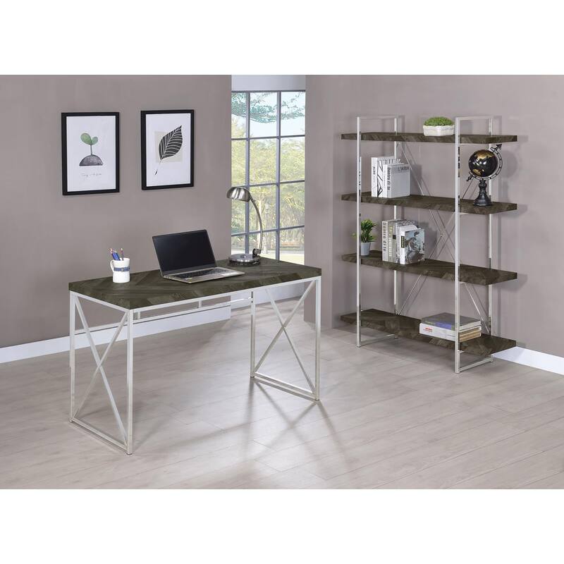 Modern Writing Desk with Chrome X-Shaped Metal Base and Rustic Grey Herringbone Finish for Office or Living Room