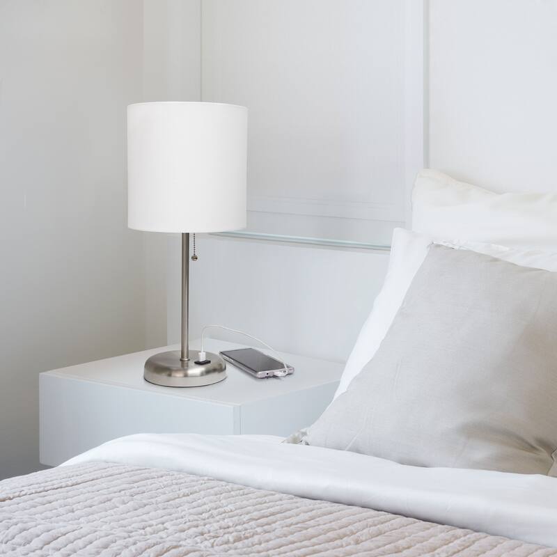 White Stick Lamp with USB charging port and Fabric Shade