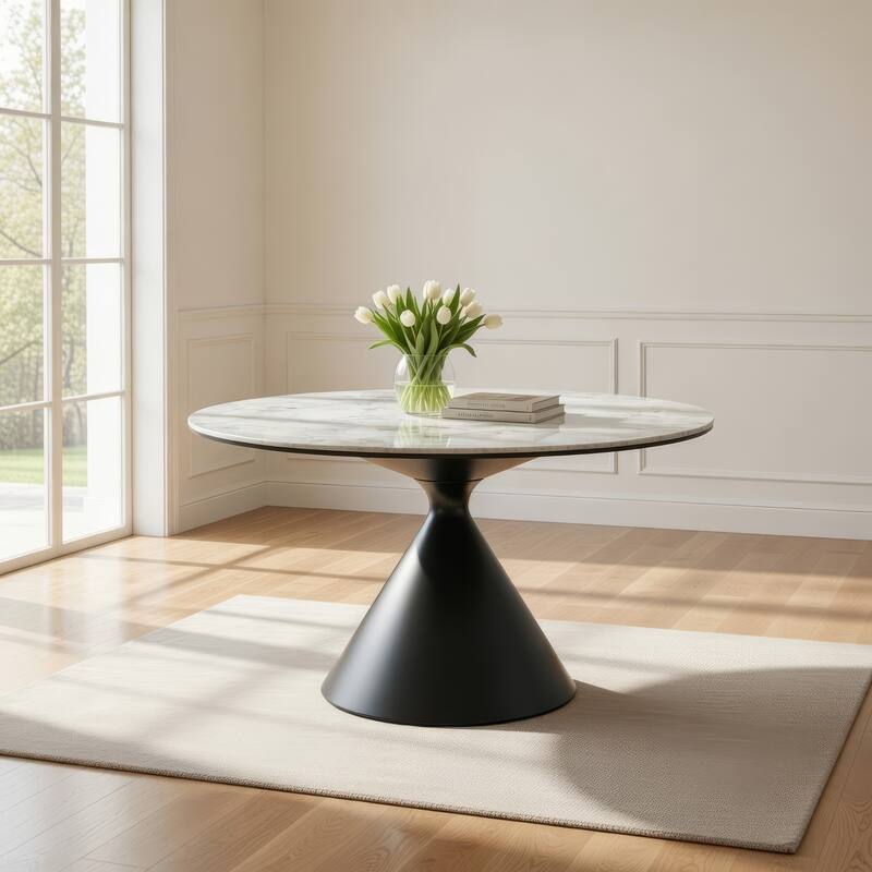 Lam 47 Inch Round Dining Table, Sintered Stone Top, Steel Base, Black