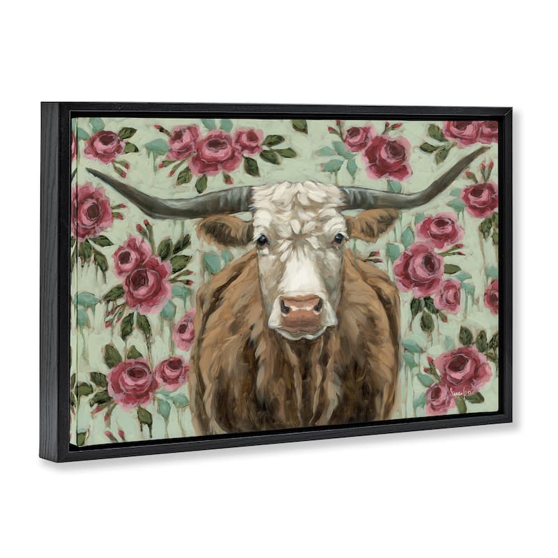 Stupell Longhorn with Magenta Blooms Framed Floater Canvas Wall Art Design By Sara G. Designs
