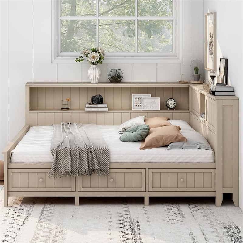 Twin or Full Size Solid Wood Daybed with Storage Shelves and 3 Drawers