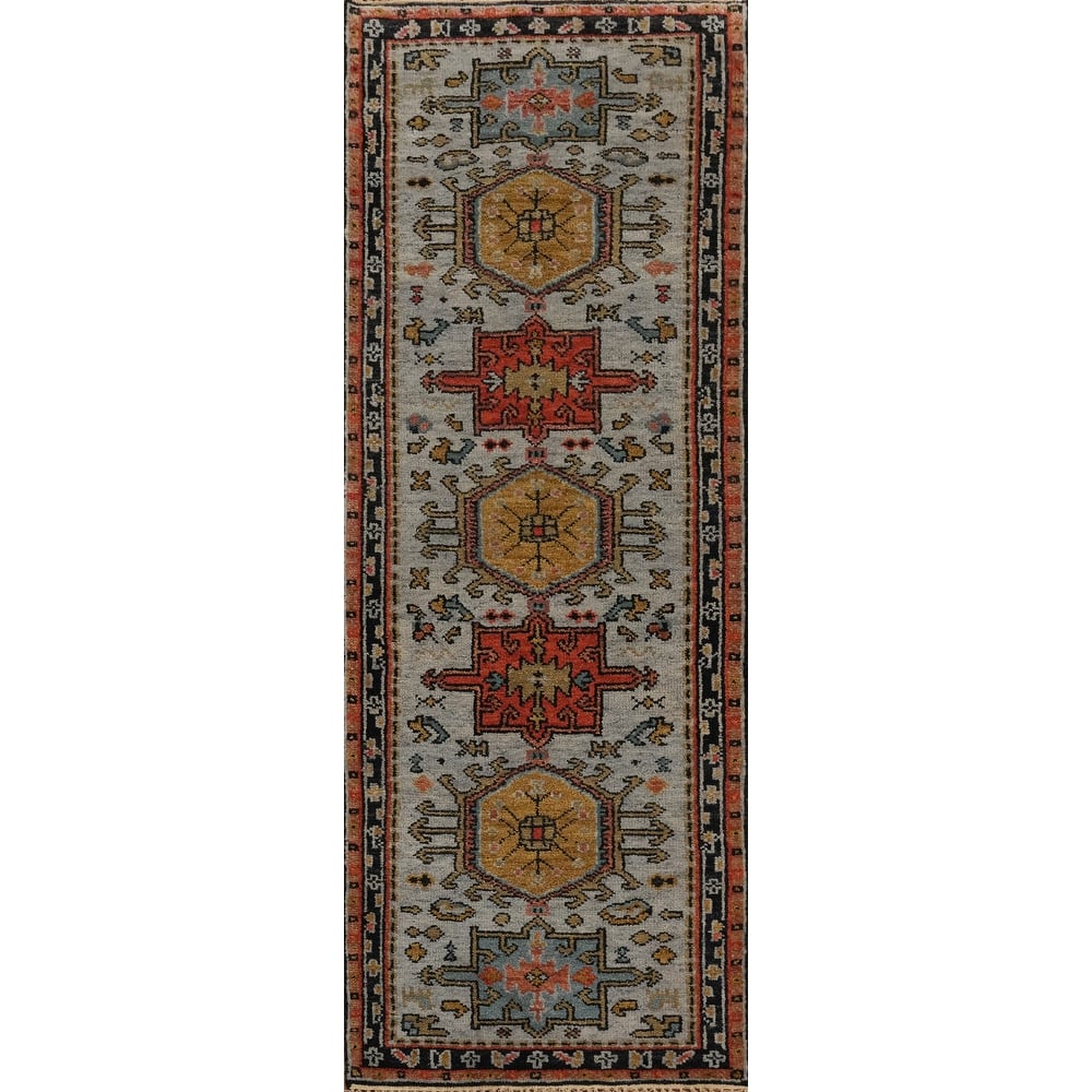 Hand-knotted Traditional Wool Grey Geometric Area Rug Oriental Carpet - 7' 11'' X 2' 6''