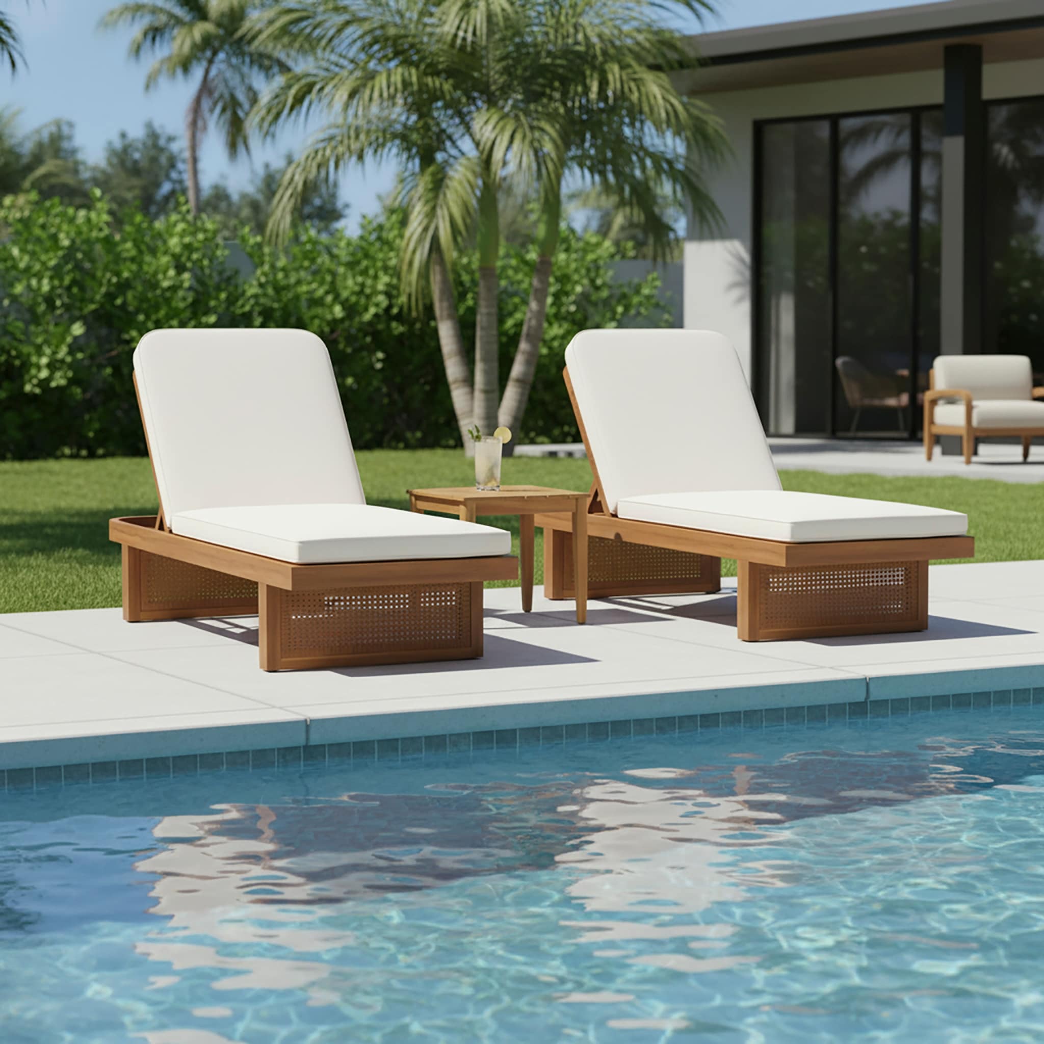 Christopher Knight Home - Modern Outdoor Wooden Lounge Chair with PE Rattan and White Cushion with Side Table