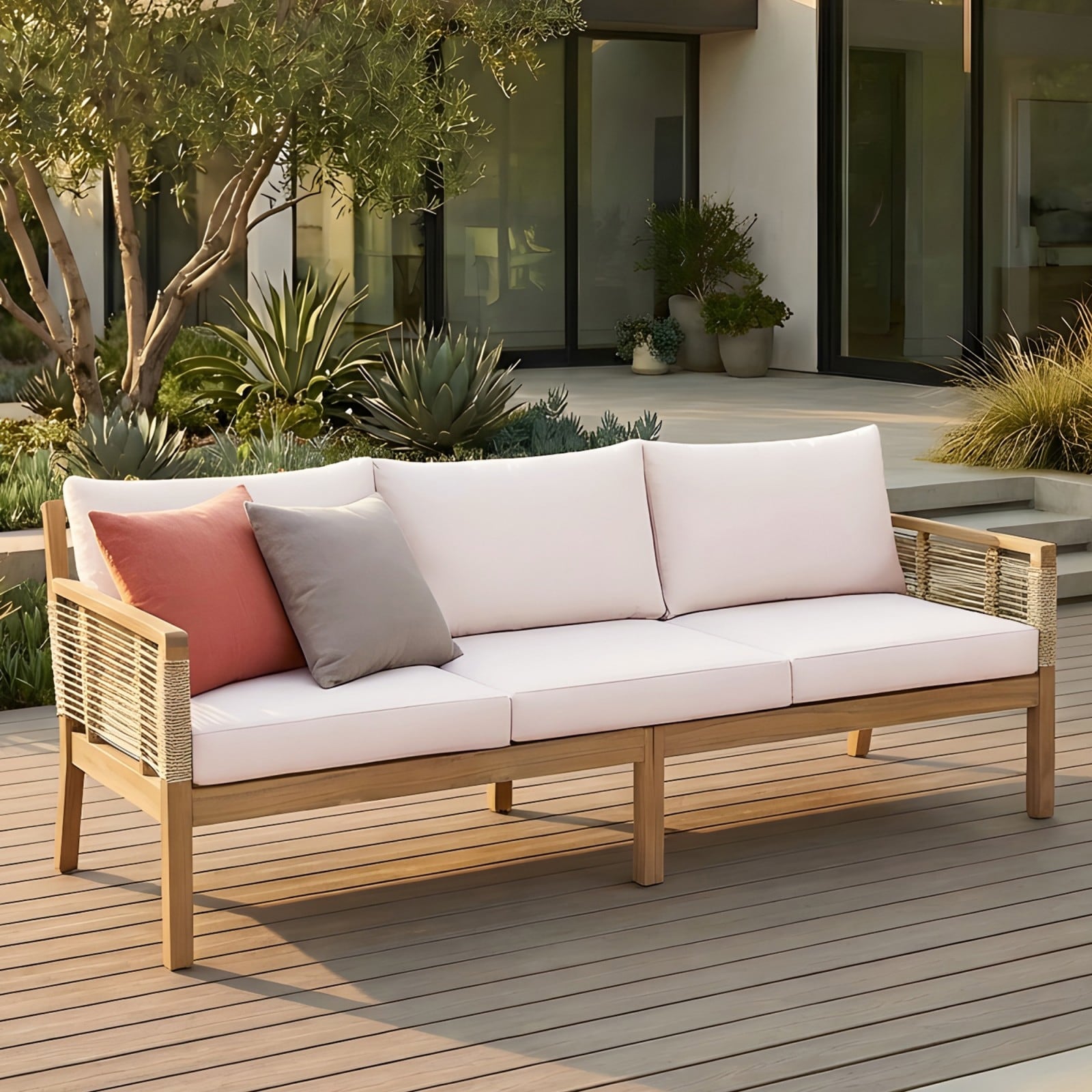 3-Seater Acacia Wood Patio Sofa with Beige Cushion Covers
