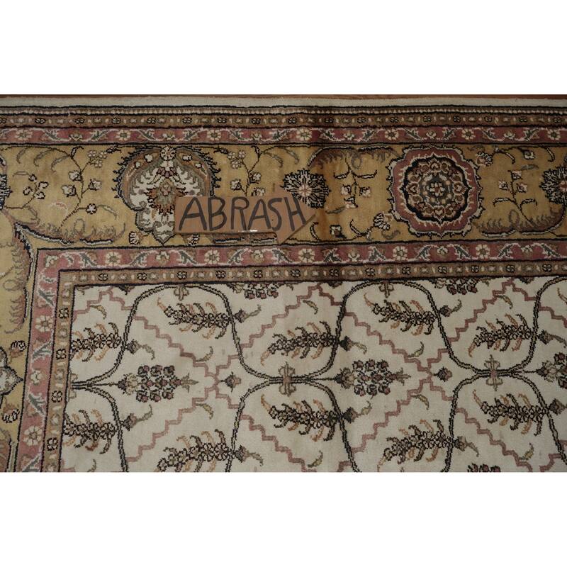 Hand Knotted Oriental Silk Carpet Traditional Floral Beige & Ivories Kashmir Area Rug - 8' 11'' X 6' 1''