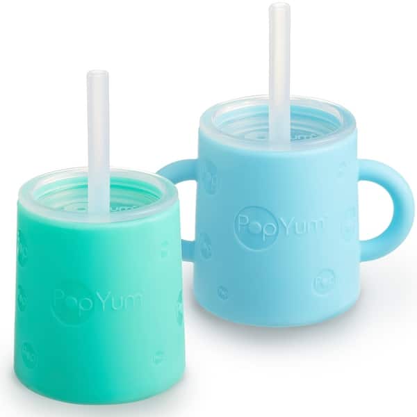slide 2 of 7, PopYum Silicone Training Cup with Straw and Lid, 2-Pack Blue/Green