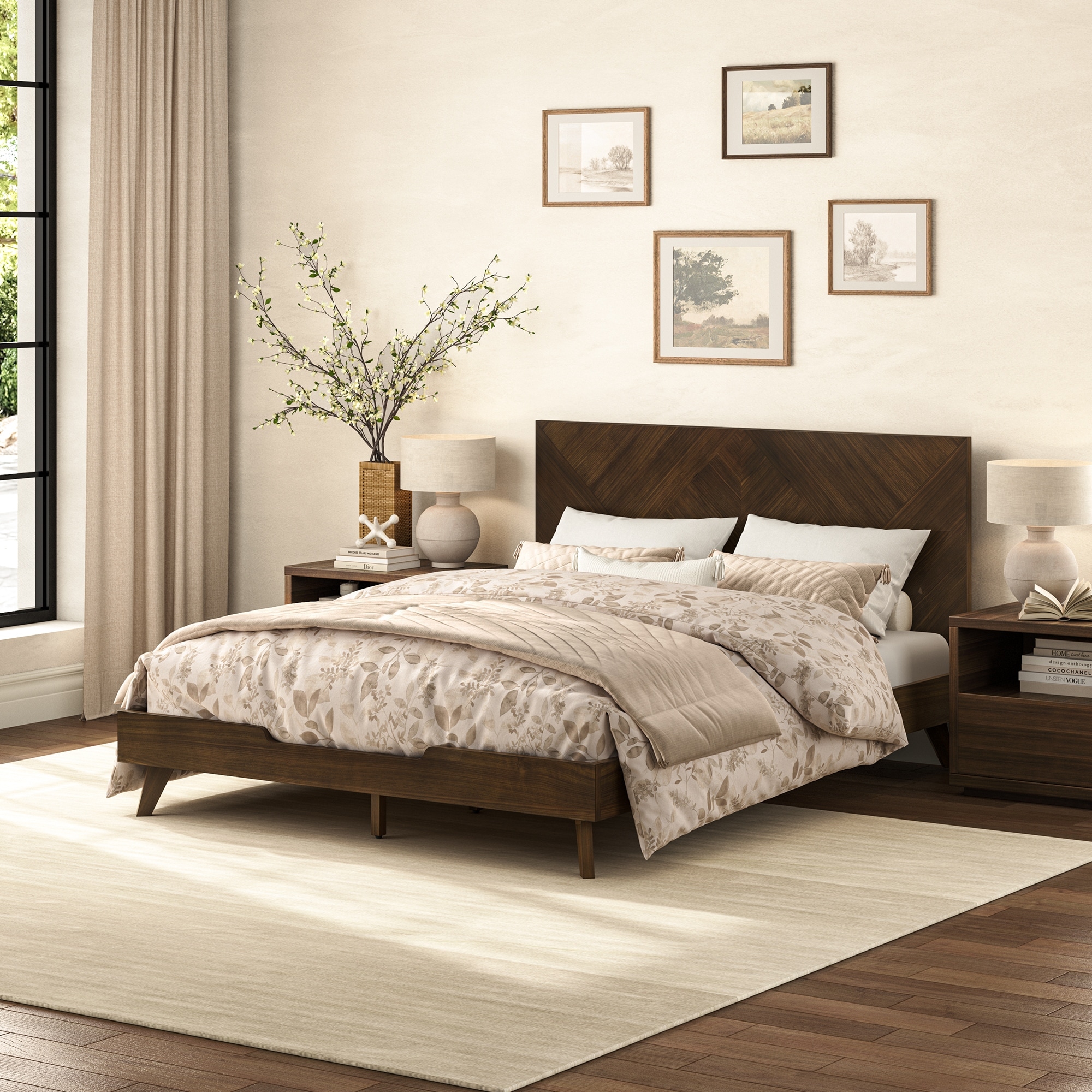Solid Wood Panel Platform Bed with Headboard