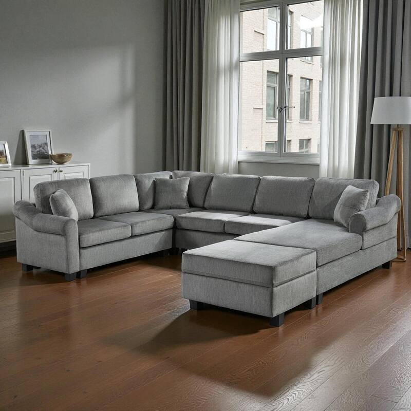 111.8" U-Shaped Chenille Sectional Sofa with Movable Storage Ottoman, Roll Arms and Accent Pillows for Living Room