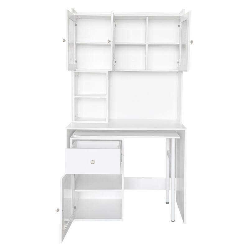 Home Office Rotating Computer Desk with Glass Doors, Large Writing Study Desk with Hutch, Bookshelf & Extendable Desktop